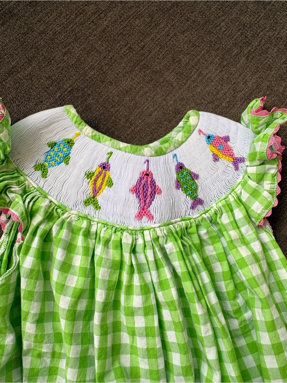 Green Gingham Baby One-Piece with Colorful Fish Embroidery